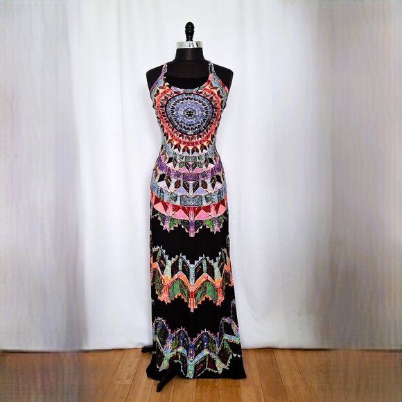 Beachy Mesh Mandala Print Bohemian Long Maxi Beach Boho Dress Semi-sheer Sz M - Picture 3 of 16